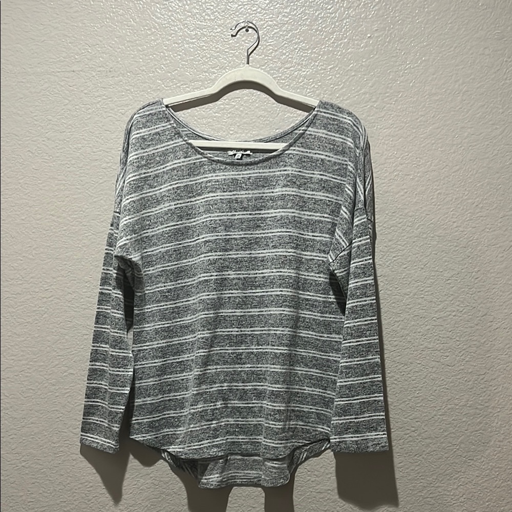 Crochet Women's Gray White Striped Top Pullover Long Sleeve Soft Casual Size XL